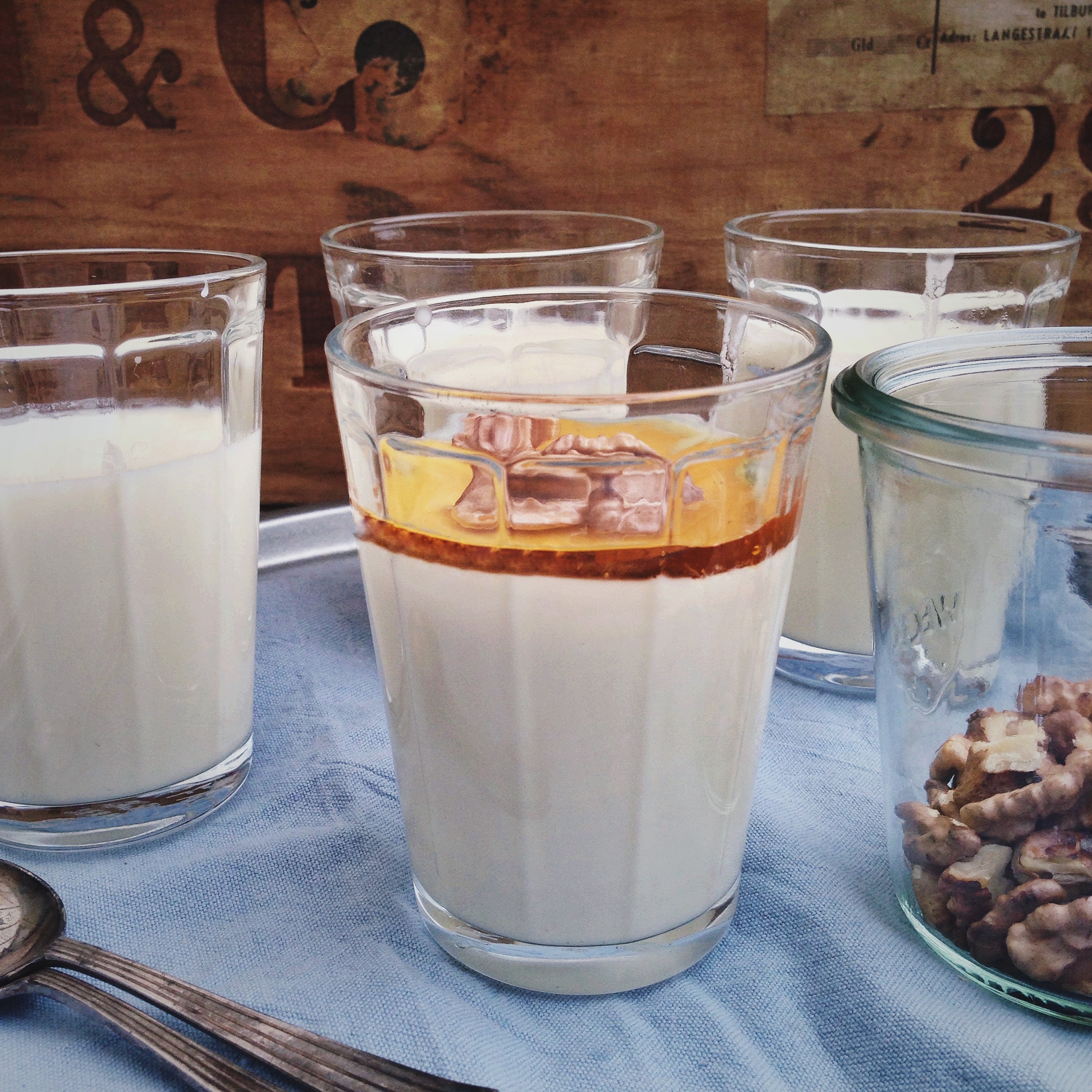 Yoghurt panna cotta met honing en walnoten